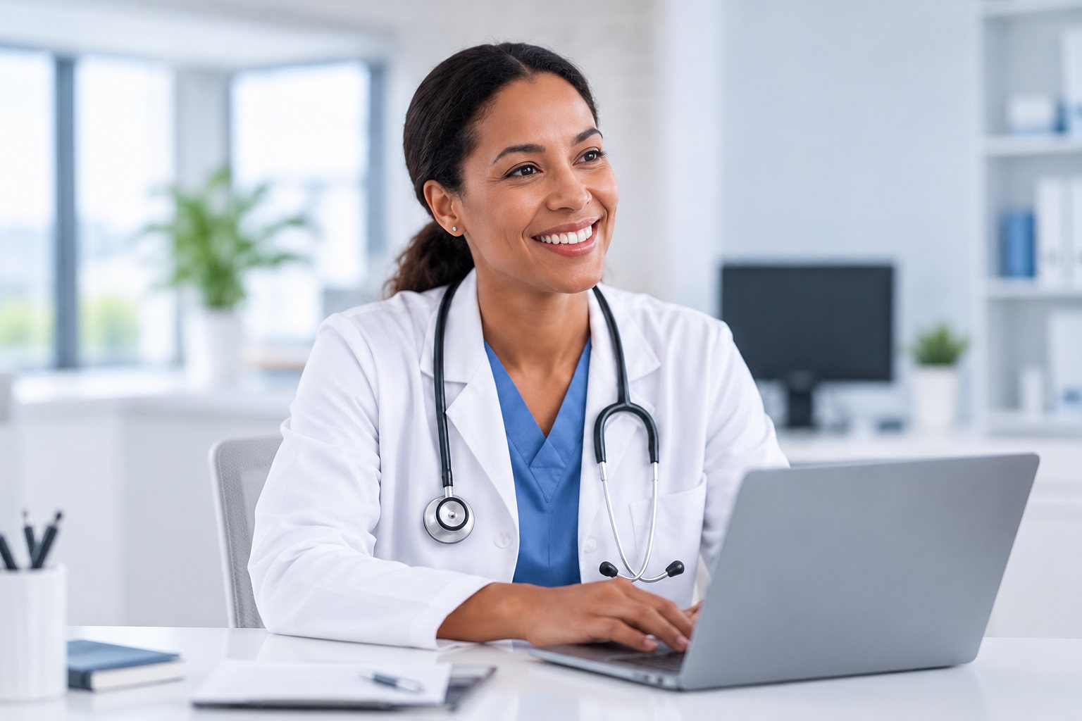 A smiling medical provider with a stethoscope working at a laptop in a bright clinical office.