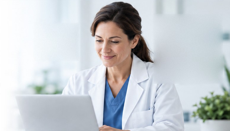 A medical provider working at a laptop in a bright clinical office.